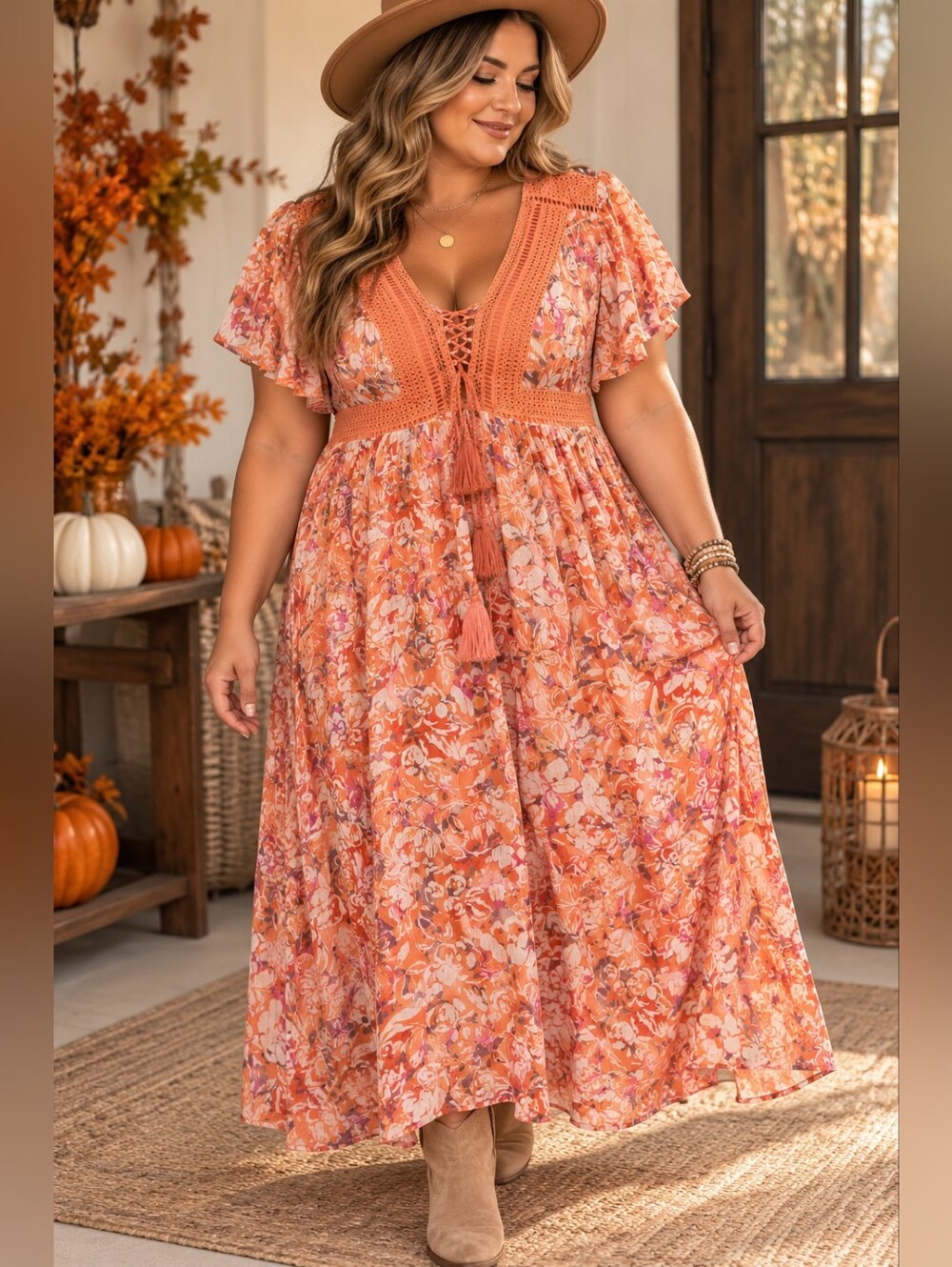 Torrid Size 2/2x Orange Floral Crochet Lace Up Boho Maxi Dress